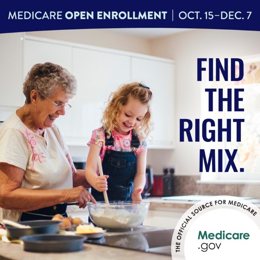 An older woman and a young girl smile as they mix cake ingredients in a bowl in the kitchen. Find the right mix. Medicare Open Enrollment is October 15 - December 7. Medicare.gov is the official source for Medicare.