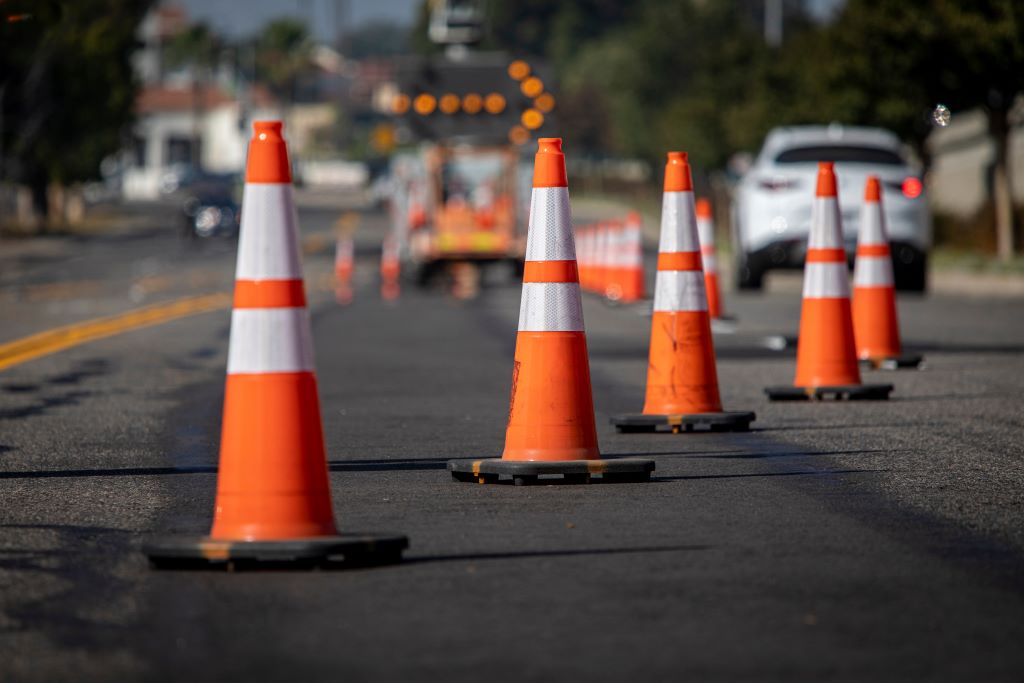 Traffic cones directing traffic to one lane