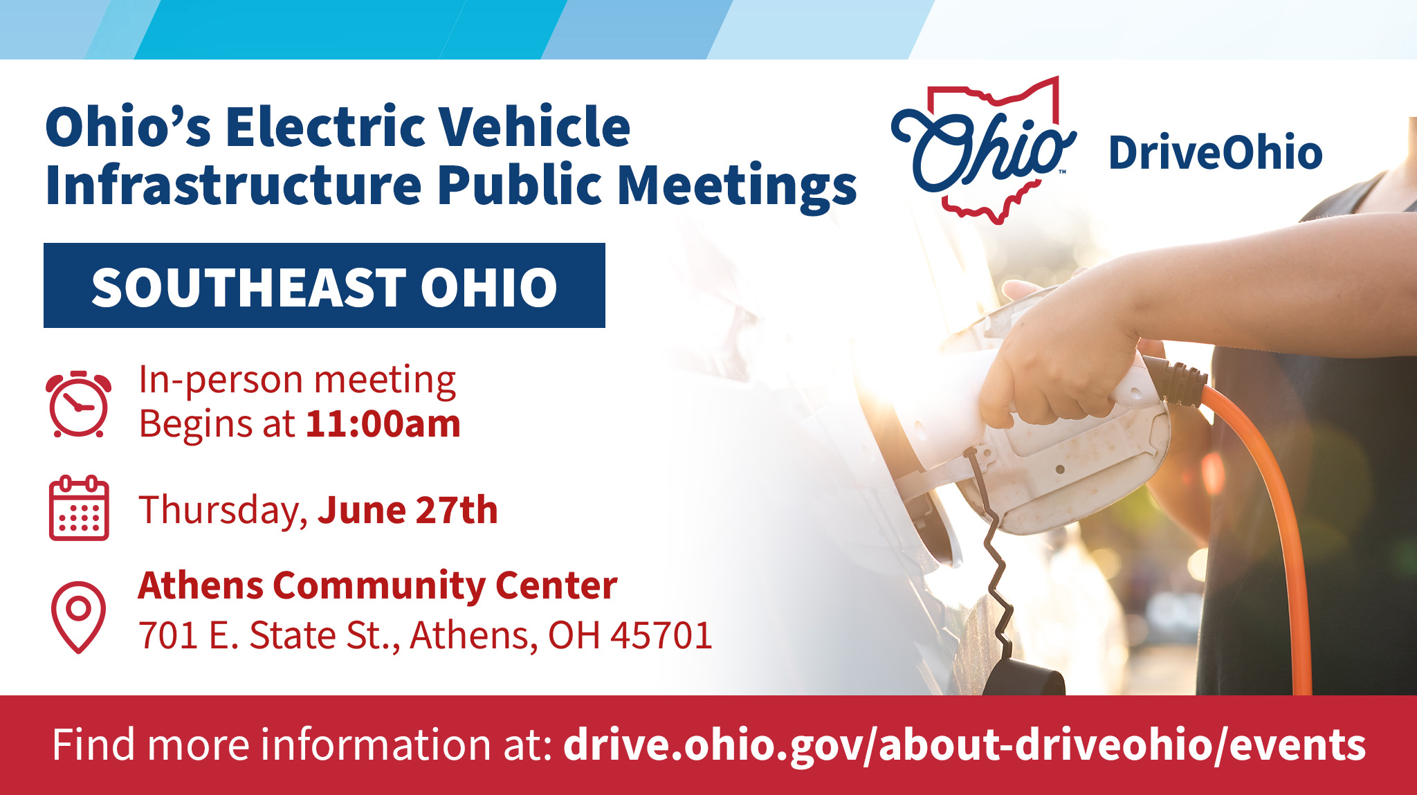 The Electric Vehicle Infrastructure Outreach Meeting for Southeast Ohio takes place 11:00 a.m. June 27 at the Athens Community Center.