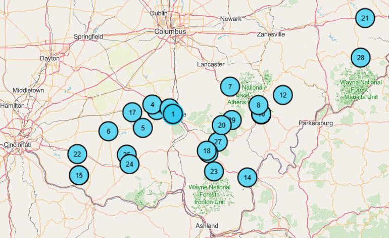 A map showing the distribution of Appalachian Community Grant Program projects across southern Ohio.