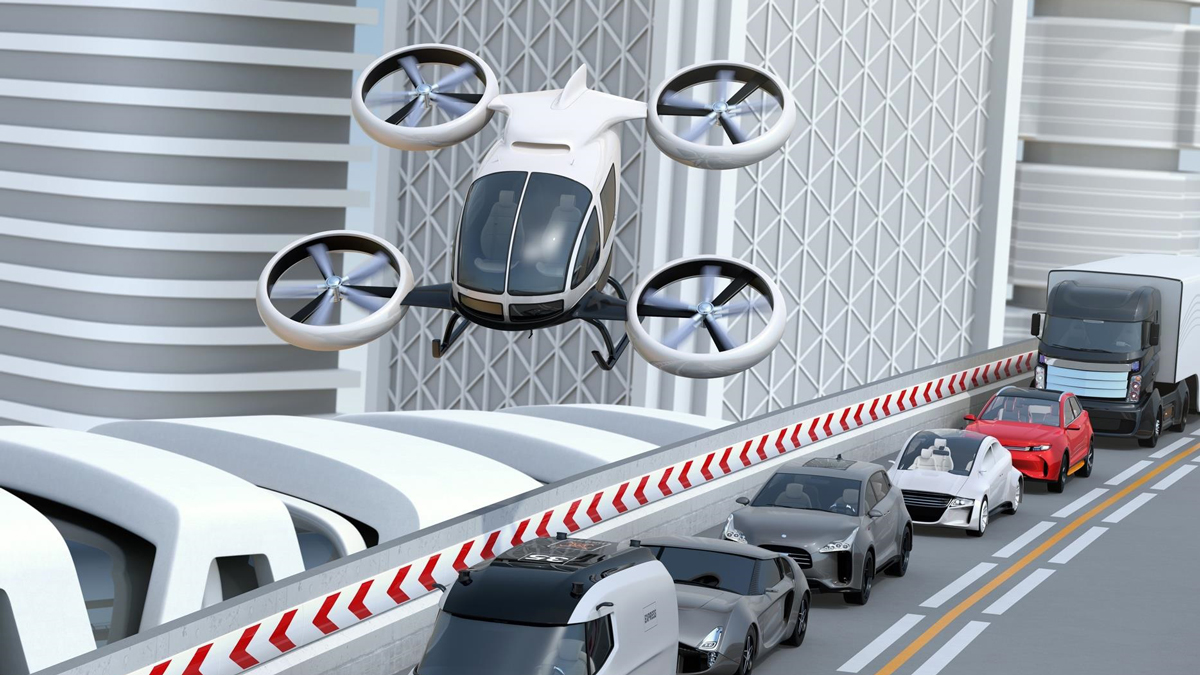 An artist's rendering of advanced air mobility technology, with a personal aerial vehicle flying over traffic.