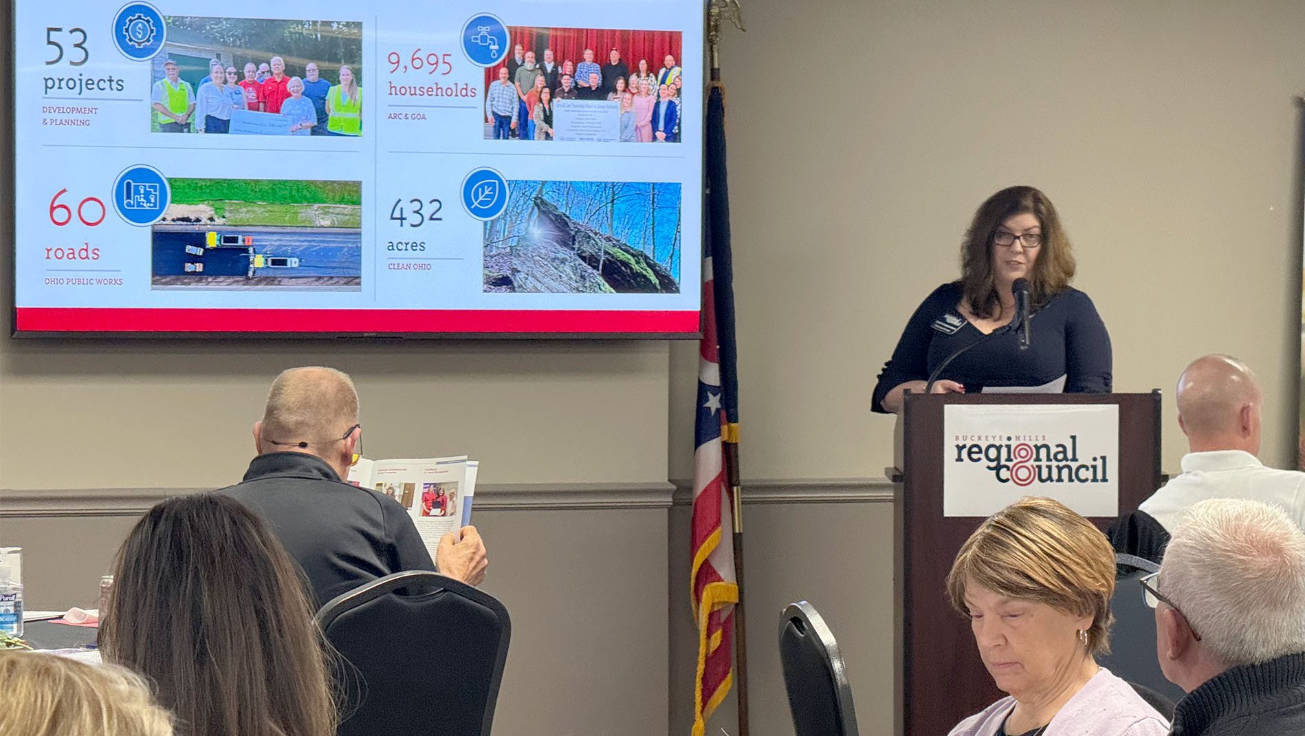 Buckeye Hills Executive Director Chasity Schmelzenbach presents the 2024 Annual Report to the General Policy Council.