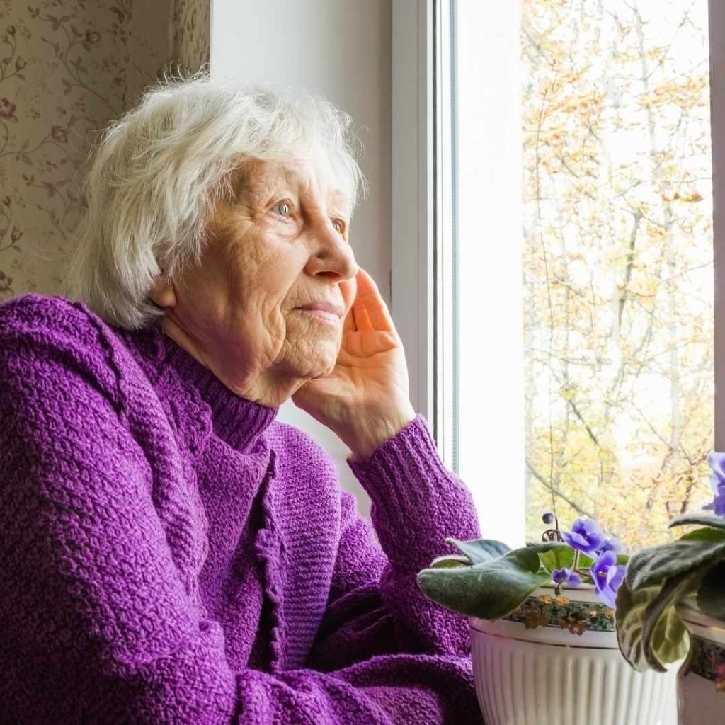 Elderly woman in a purple sweater gazing out a window with a small potted plant nearby.