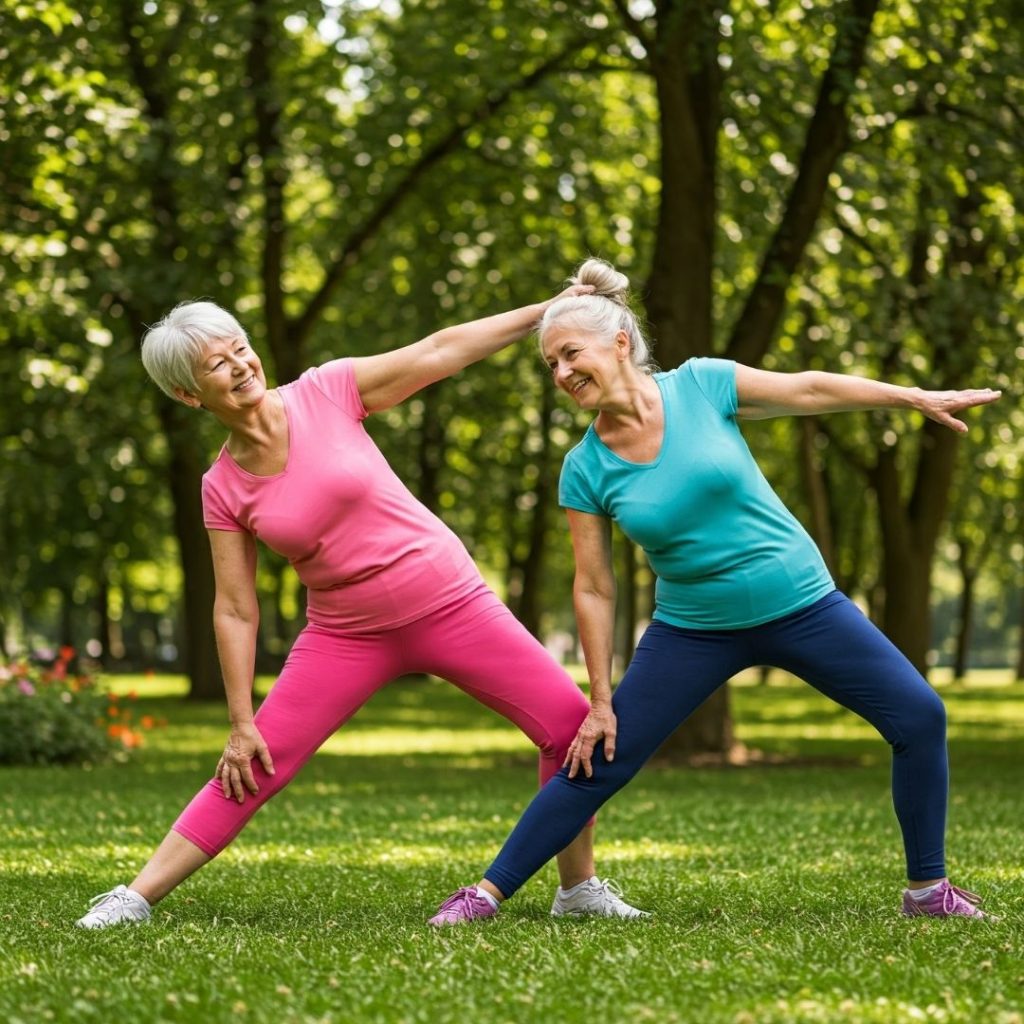 Two older women in colorful activewear stretch together in a sunny park.