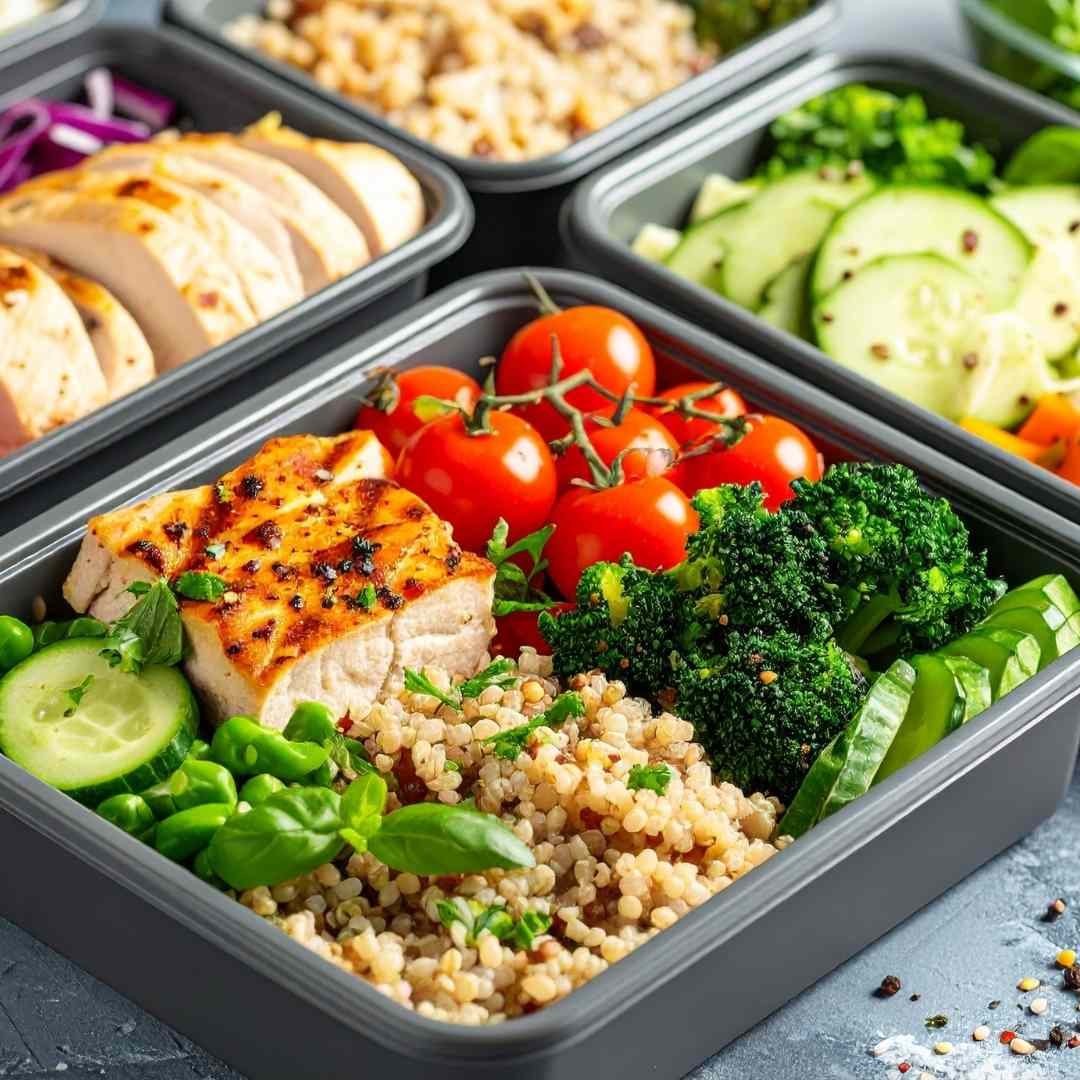 Up close shot of multiple meals in containers from meal planning