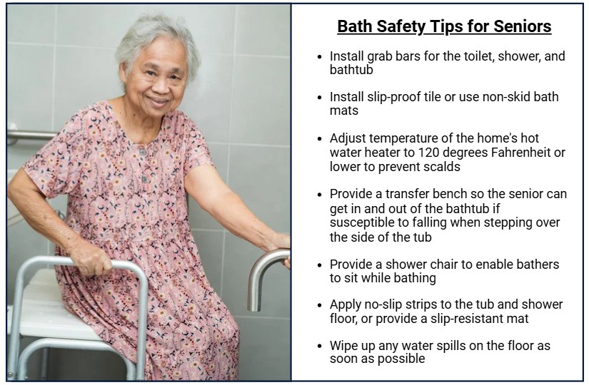 Bath safety flyer with an older adult seated on a shower bench and a list of tips.