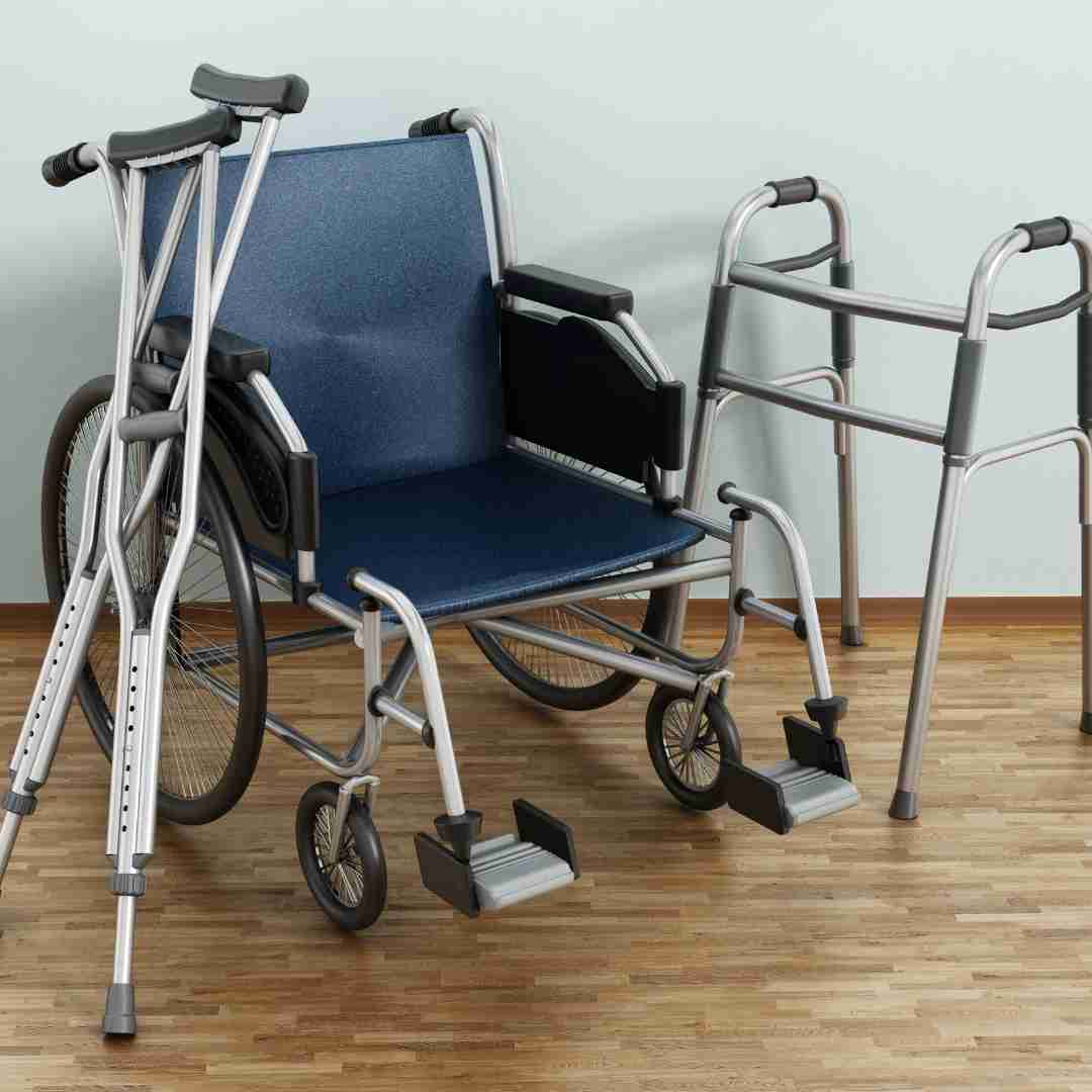 Collection of mobility aids: wheelchair, walker, and crutches.