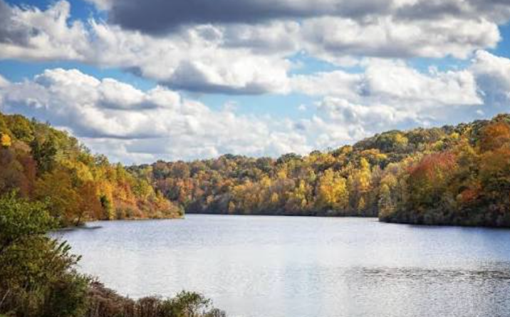Autumn foliage surrounding a calm lake under a partly cloudy blue sky.