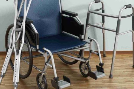 Collection of mobility aids: wheelchair, walker, and crutches.