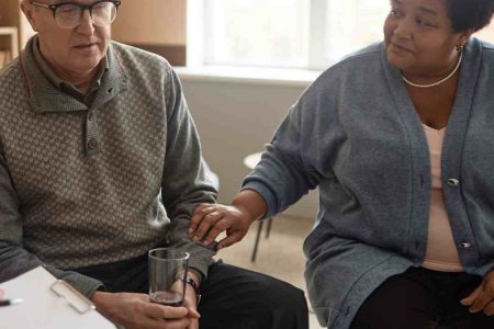 Two individuals in a support group setting. One is an older white male, the other is a middle-aged African American woman.