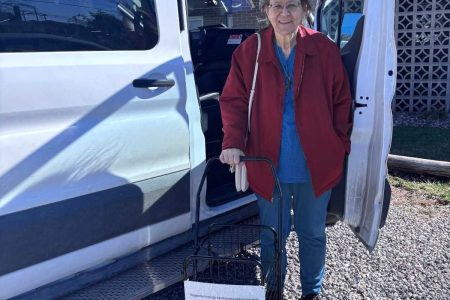 Older woman standing beside a white van, holding an empty rolling grocery cart outside a brick building on a sunny day.