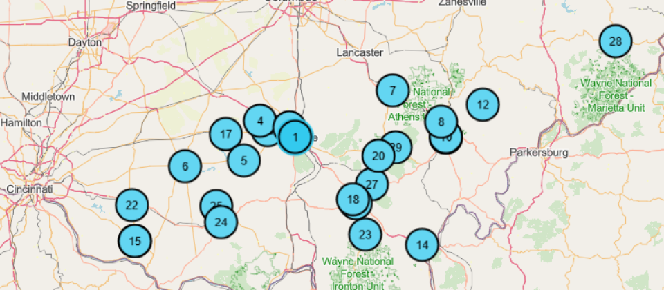 A map showing the distribution of Appalachian Community Grant Program projects across southern Ohio.