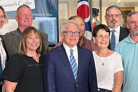 Governor DeWine and Ohio Department of Development Director Lydia Mihalik with community leaders from Noble County and the Village of Caldwell