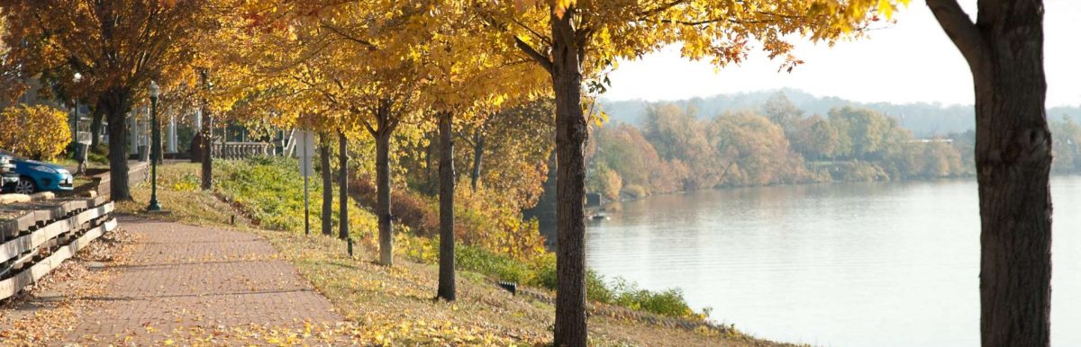 Marietta, Ohio brick path next to Ohio river during autumn
