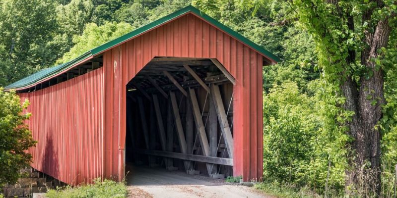 Red covered bridge in Monroe County