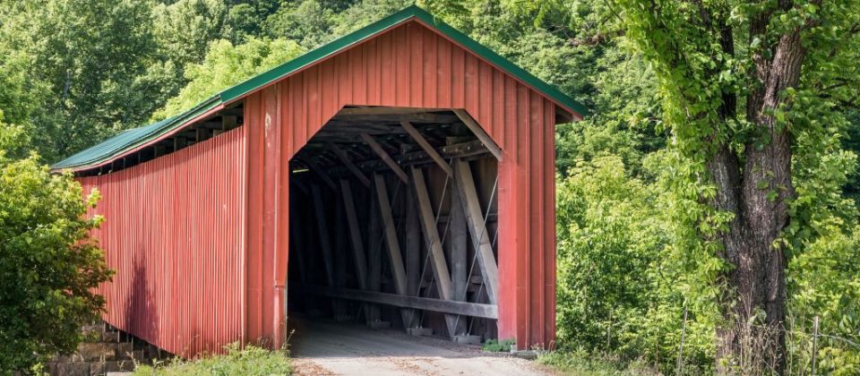 Red covered bridge in Monroe County