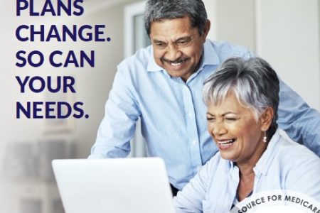 Two older adults smiling and looking at a computer. Text reads Medicare Open Enrollment October 15-December 7 at the top. Text on the image says "Plans Change. So Can Your Needs."